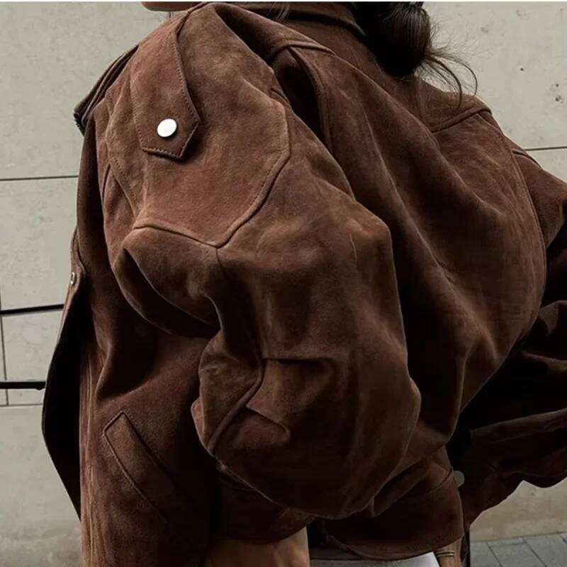 Fashion Women's Belt Short Suede Jackets Loose Lapel Full Sleeve Zipper Female Coats Woman 2025S pring New Commuter Outerwears