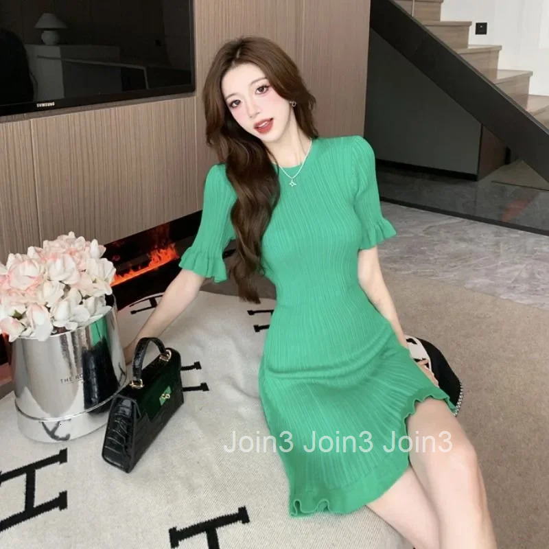 Womens Dress Green Knitted Short Female Dresses Ruffle Crochet Mini Beach Holiday Outfits New Features of One-piece Y2k Curvy X