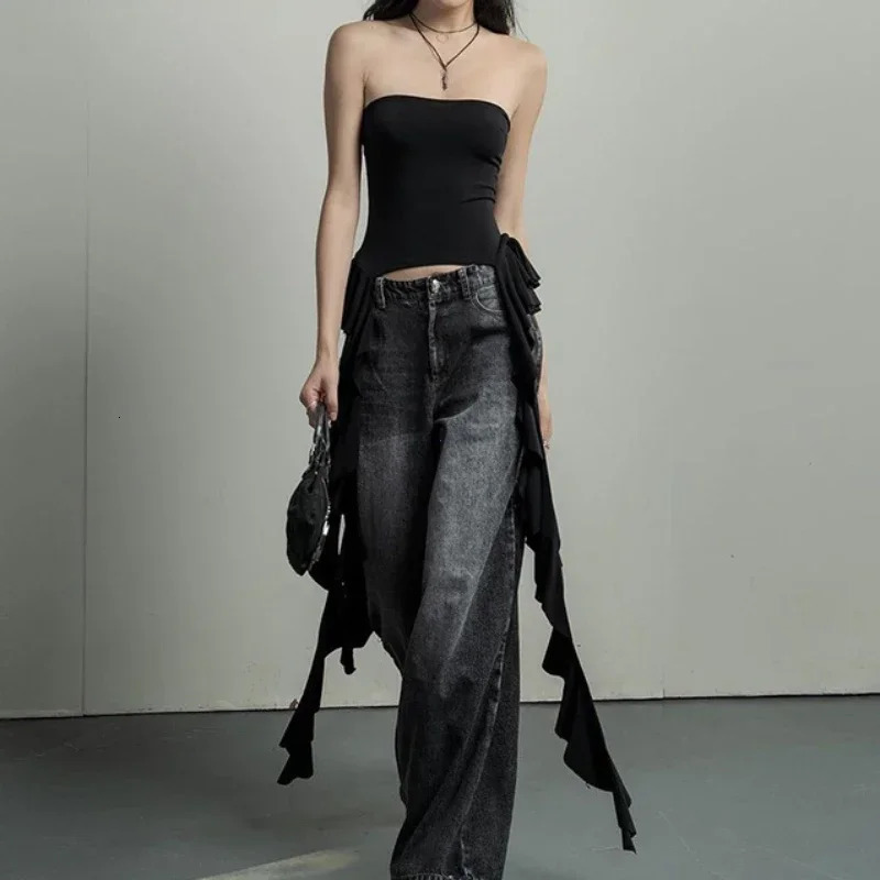 Y2k Tank Tops Asymmetrical Fringed Ruffle Top Streetwear Black Strapless Womans Summer Clothes Tank Top Women 2025 250614