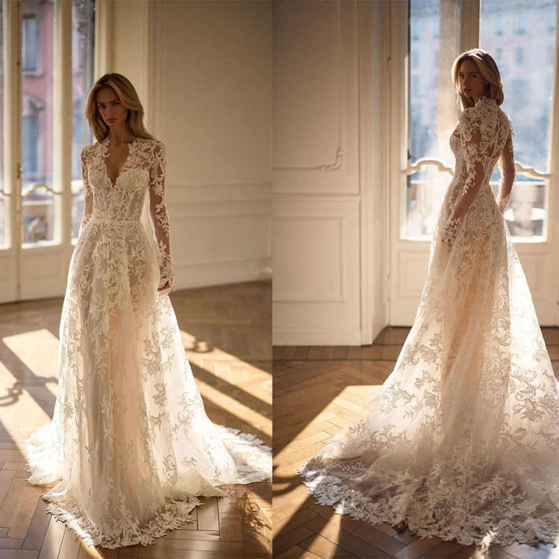 Fashion V Neck Lace Wedding Dresses Simple Illusion Long Sleeve Bridal Gown Customized Floor Length A Line Vestido De Novia
