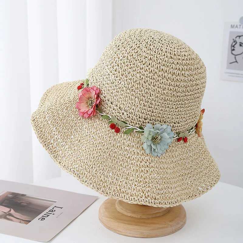 New Arrival Summer Hats For Women Flower Rope Wide Brim Sun Hat Lady Foldable Sunhat Sunscreen Beach Accessories Seaside Holiday New U250616