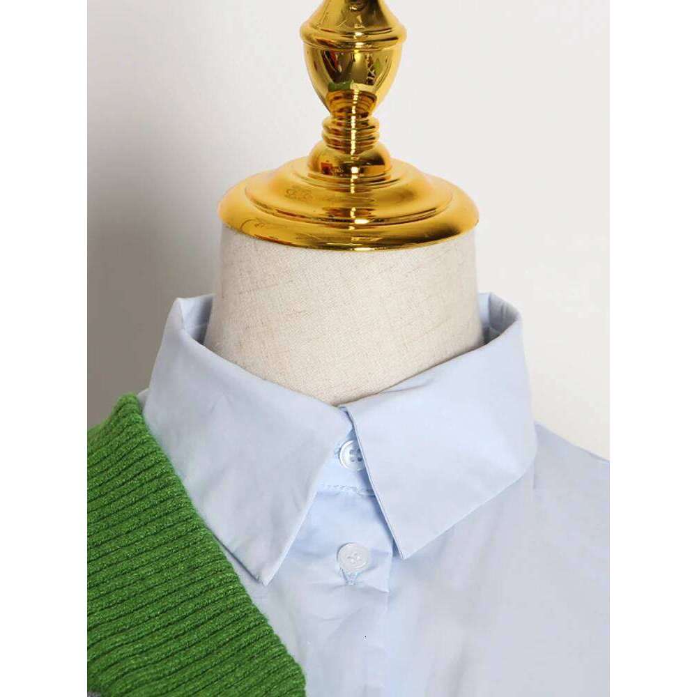 VGH Hit Color Spliced Metal Casual Shirts For Women Lapel Long Sleeve Patchwork Knitting Minimalist Tunic Blouses Female Style