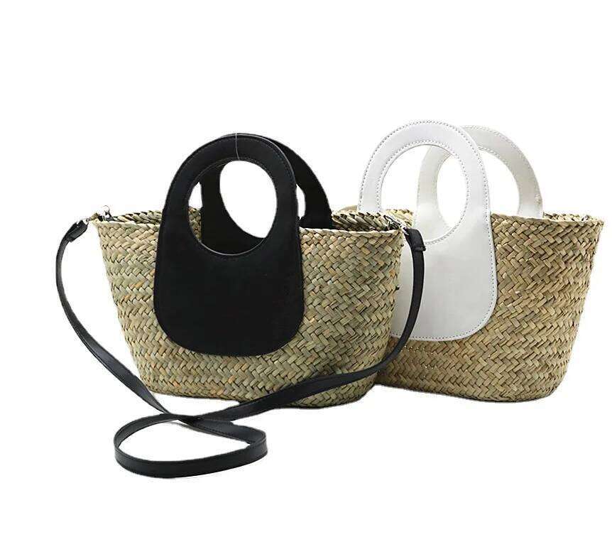 New Waterweed Portable One Shoulder Crossbody Fashion Straw Bag White Black Camel