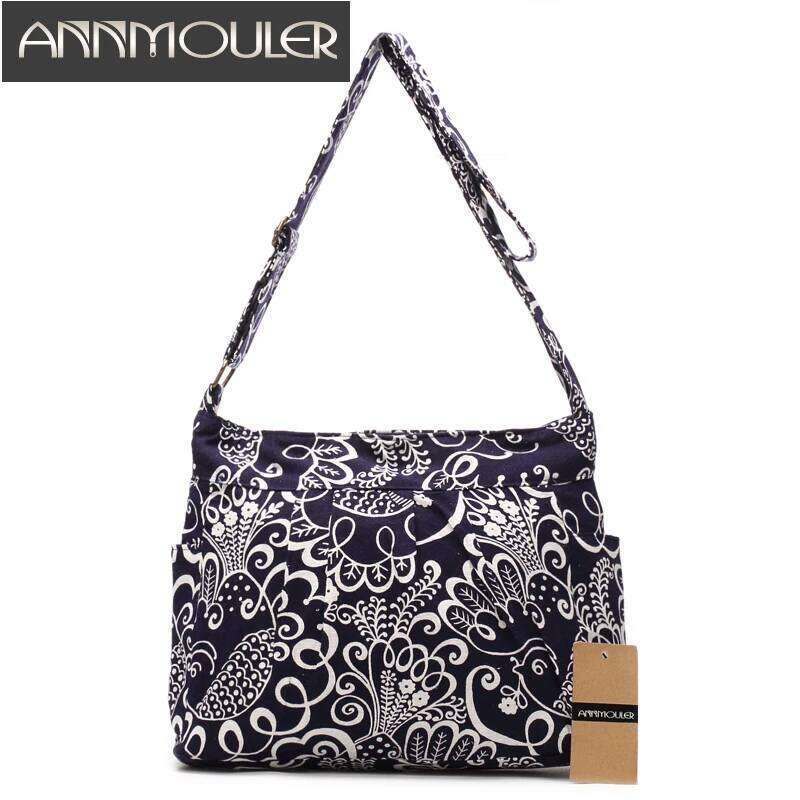 Annmouler Vintage Women Shoulder Cotton Fabric Flap Bohemian Style Messenger Elephant Print Crossbody Zipper Bag