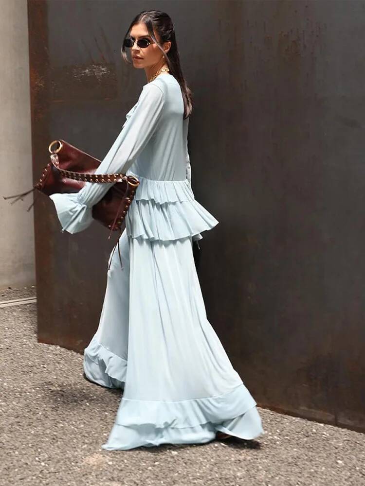 Designer Ruffles Shirt Skirt Suits Women V-Neck Lace Up Flare Long Sleeve Tops High Waist Irregular Hem Skirts Chic Ladies Sets