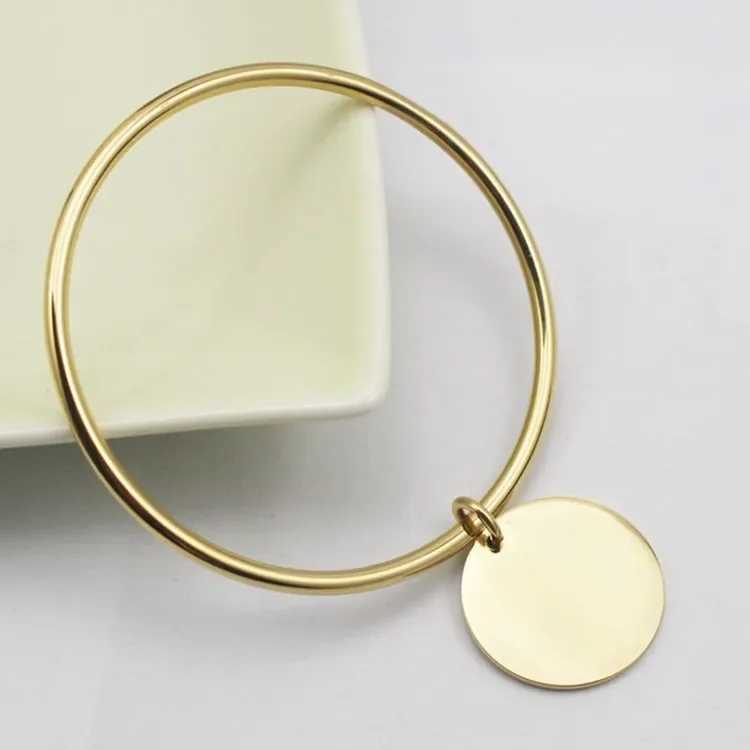 Classic Round Golden Charm Bangle Stainless Steel Women Fashion Jewelry Gold Color Z250616