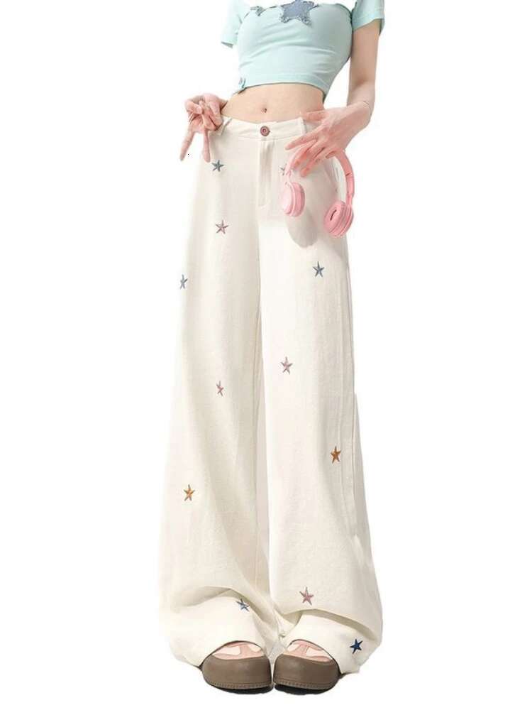 Trousers High Waist Loose Star Womens Jeans with Holes Straight Leg Torn White Pants for Women Japanese Y2k Stretched 2025 New