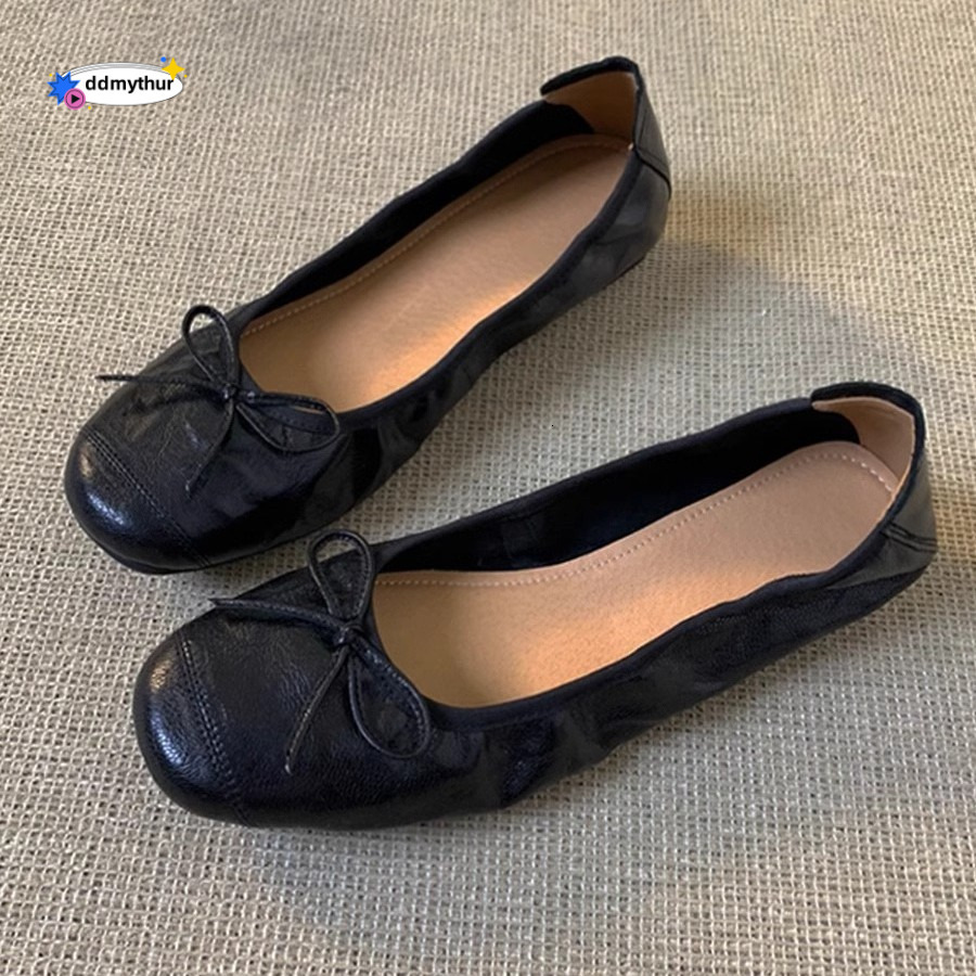 Cowhide Version ~ Shallow Mouth Single for Women, Flat Versatile Bowknot Evening Shoes, Ultra Soft Egg Roll Ballet Shoes ddmythur