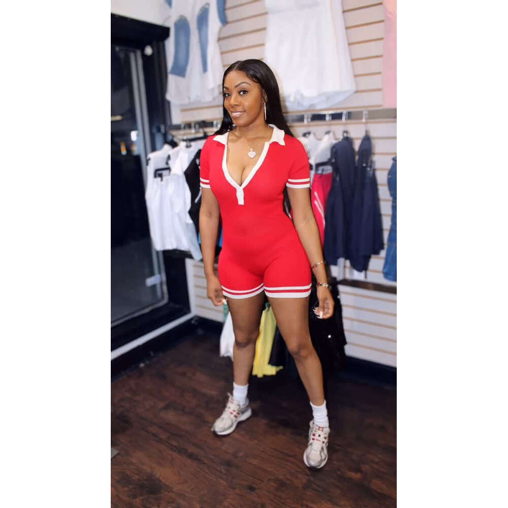 Summer New American Casual Solid Color Sexy Jumpsuit With Button V-Neck Short Sleeves B5