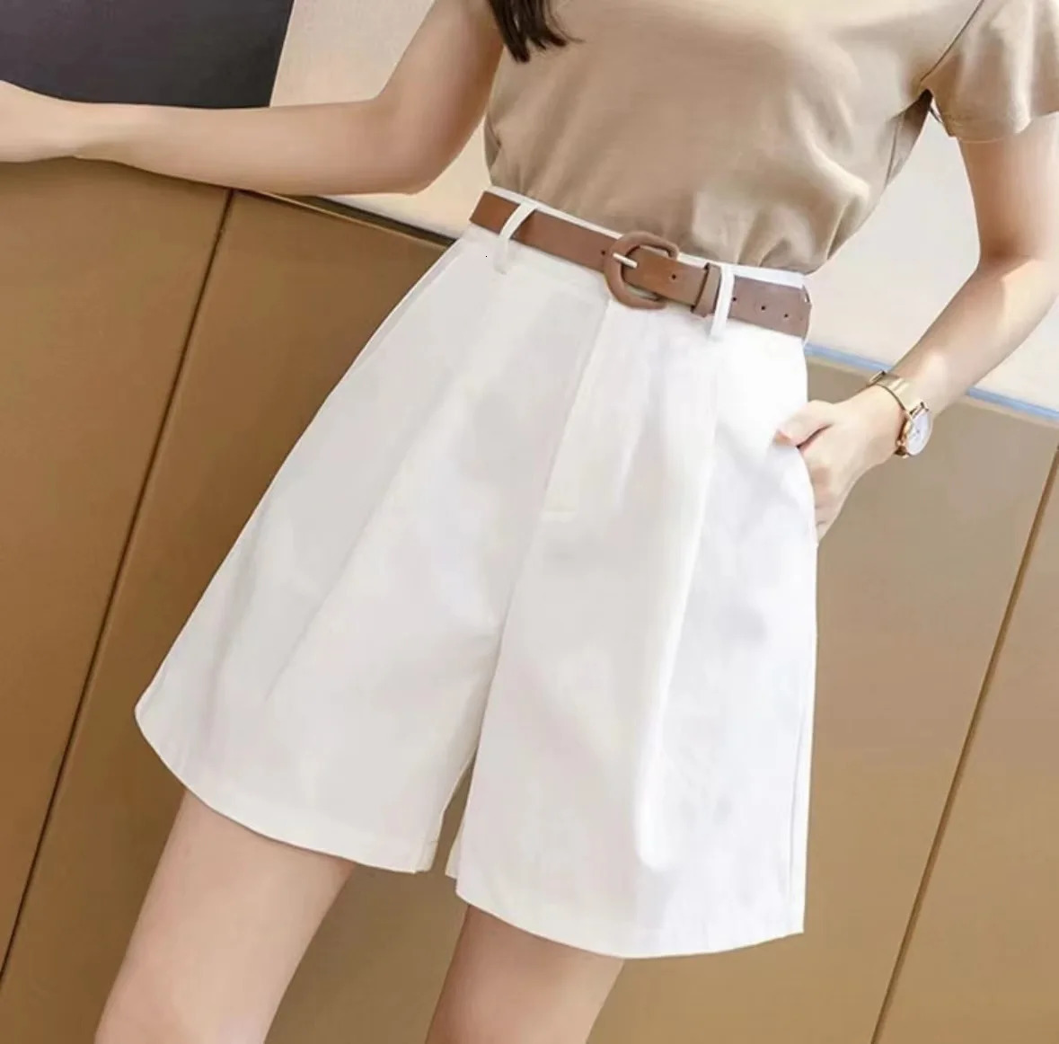 Loose Casual Shorts Women Summer Cargo Wide Leg Pants High Waist Stretchy Pure Color 250609