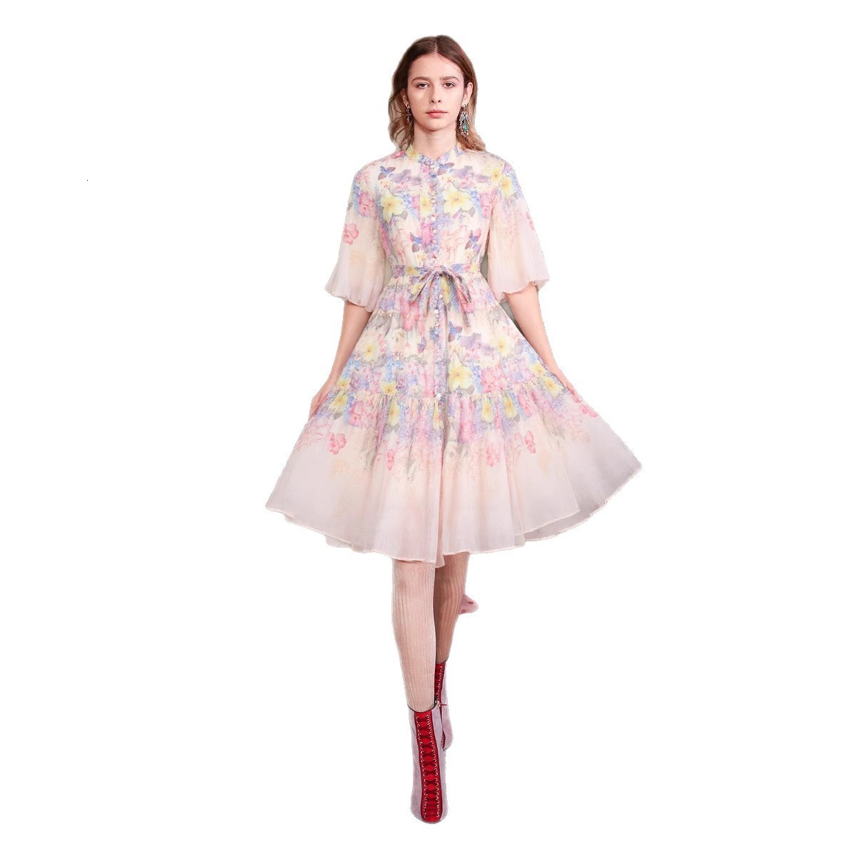 Summer Holiday Linen Dress Clothing Stand Ruffles Long Lantern Sleeve Flower Print Single Breasted Belt Mini Vestidos 250322
