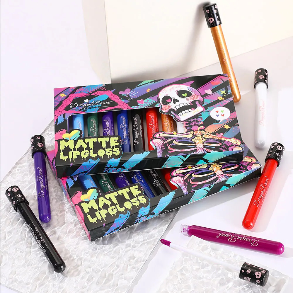 12PcsBox Matte Liquid Lipstick Makeup Colorful Black White Lip Gloss Waterproof Metallic Lip Glaze Halloween Party Cosmetics 250614