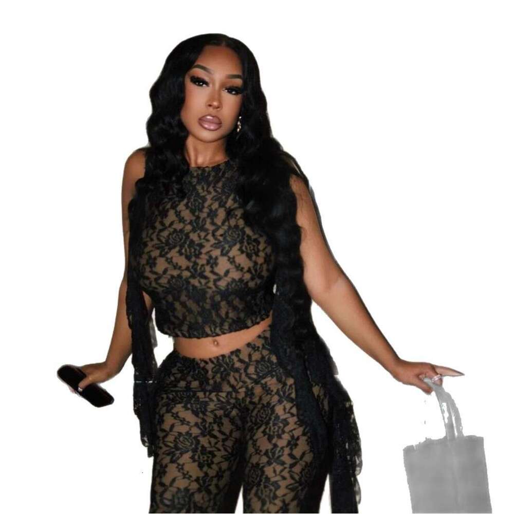 Women's Sheer Lace Hollow Out Crop Sleeveless Round Neck Top Bodycon Sexy 7/8 Pants Set B5