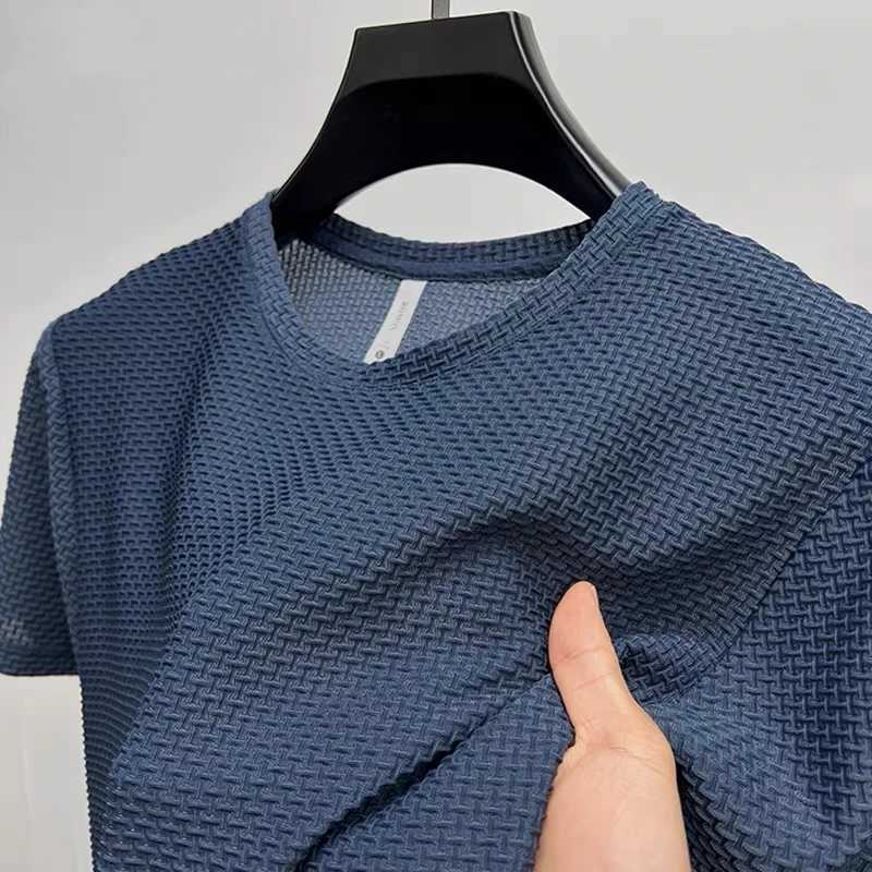 Ice silk bamboo mesh T-shirt mens short sleeved round neck high-end summer thin solid color basic youth fashion polo shirt W250616