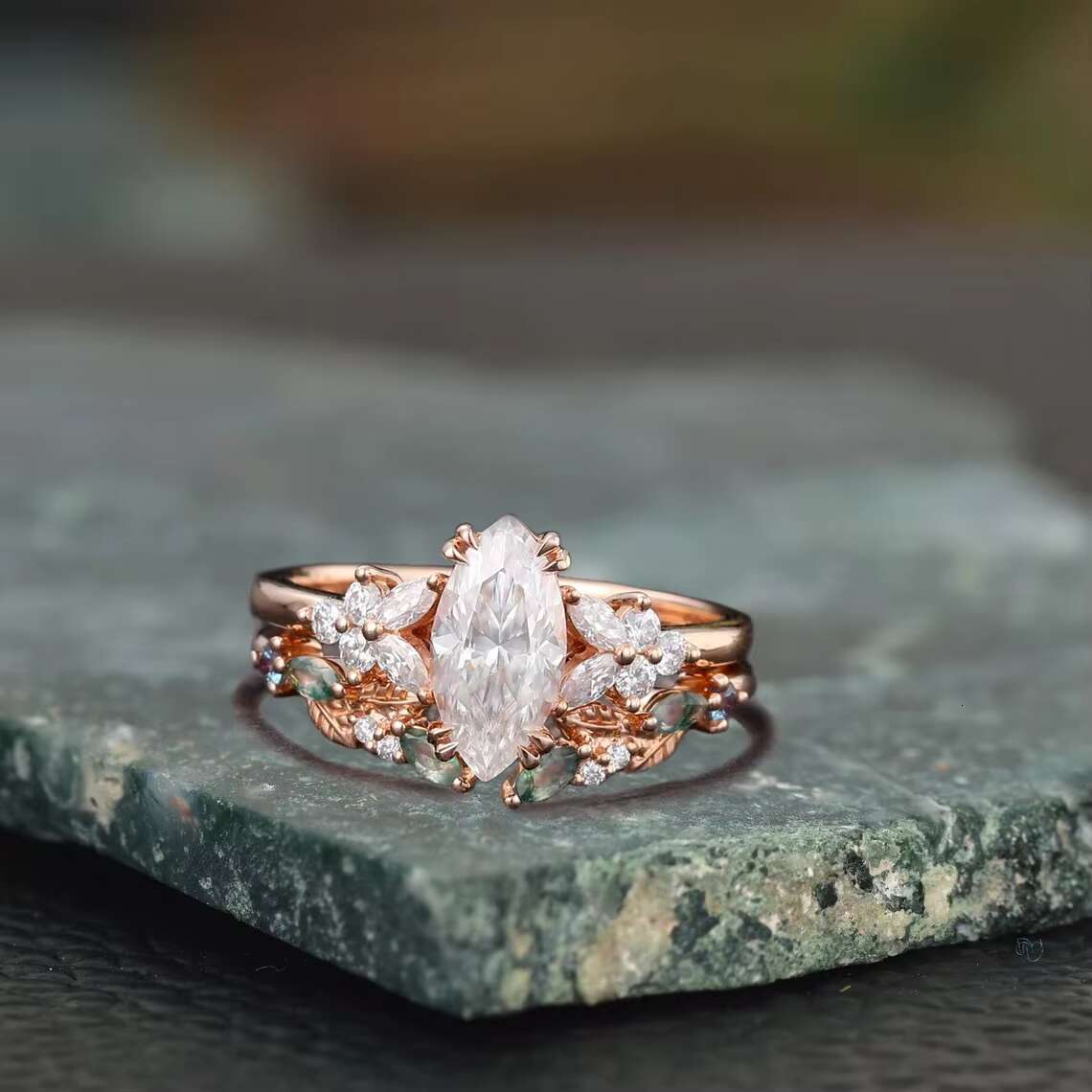 Vintage Style Premium Rose Gold Marquise Cut Moissanite Diamond Studded Rings for Bridal Anniversary Gifting Options