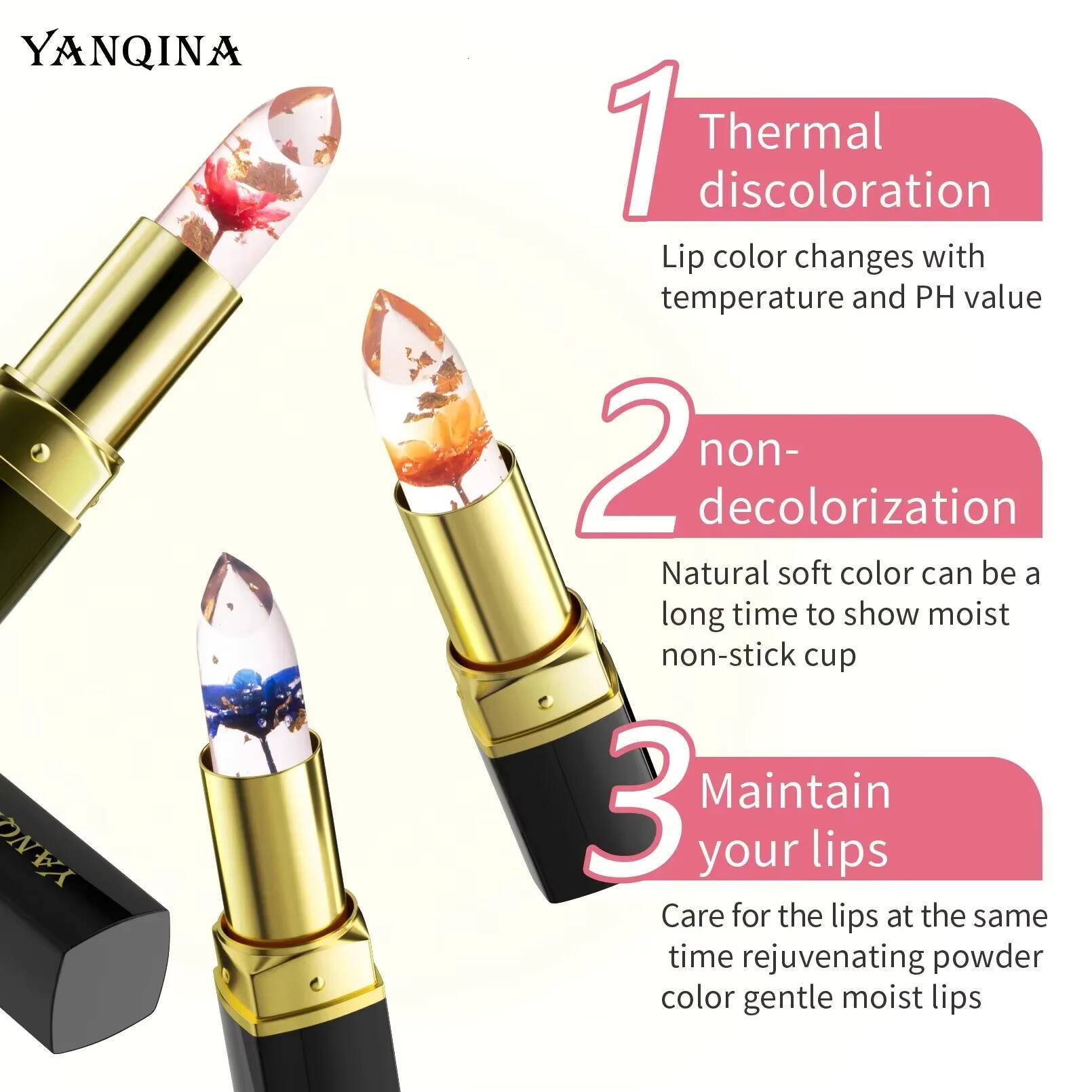 YANQINA Magic Changes Florett Jelly Long Lasting 24 Hours Gold Foil Lipstick Cosmetics Woman Makeup happy