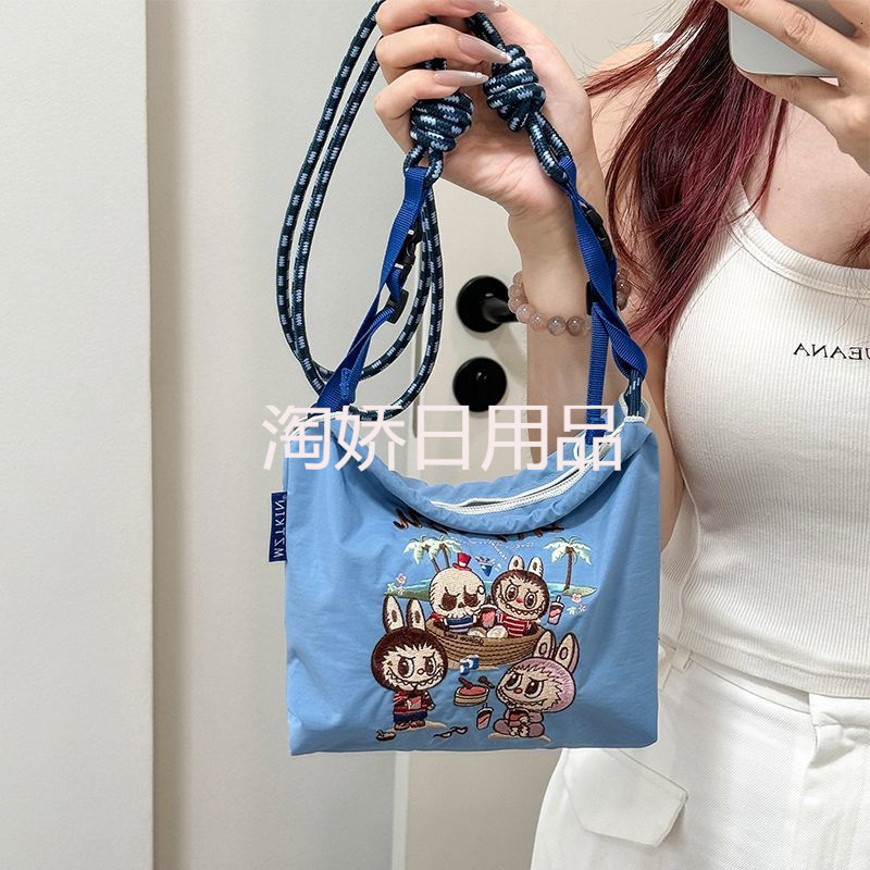 Cute Labubu Waist Embroidered Waterproof Nylon Crossbody Versatile Casual Shoulder Bag Daily Handbag