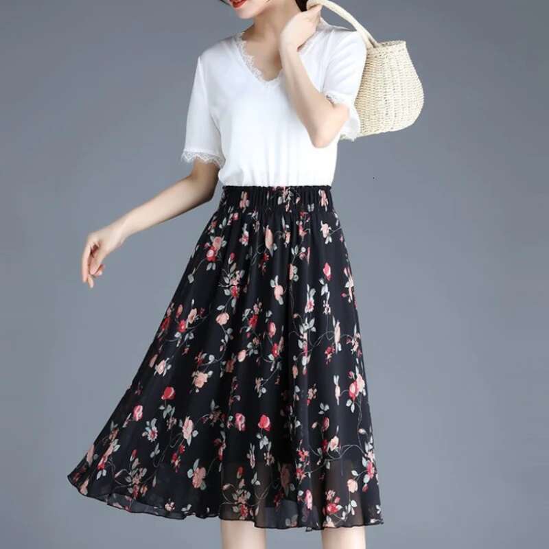 Skirts for Women Chiffon Woman Skirt Floral Midi Summer Casual New In Clothing Sales Modest Luxury Elegant High Quality V Cheap