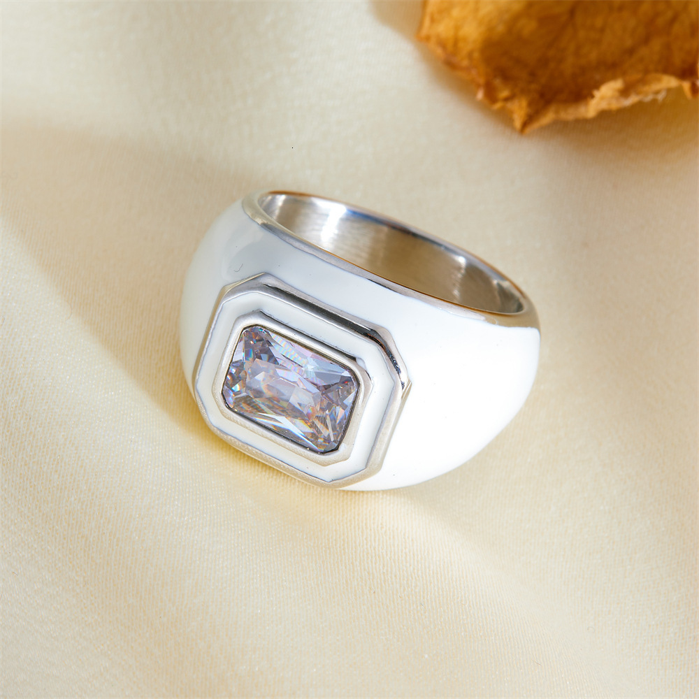 Fashion Style Personality Versatile Square Zircon Enamel Drip Oil Color Titanium Steel Non-Fading Ring