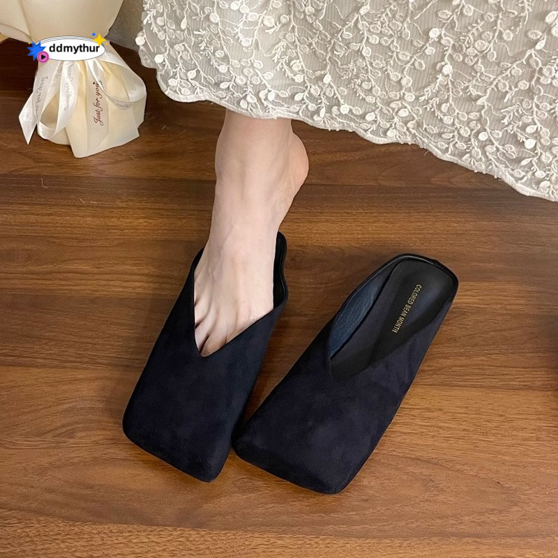 Baotou Half Slippers for Women, Outdoor Wear, 2025 Spring and Autumn New Style, Niche Square Toe, Shallow Mouth, Velvet Soft Sole Mules ddmythur