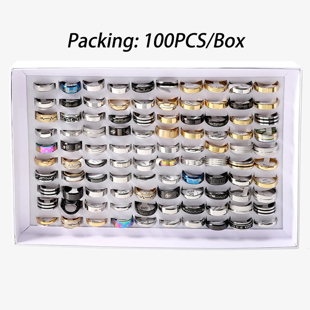 Fashion Jewelry Wholesale 100pcs/Lots Stainless Steel Rings Party Gift Wedding Rings Mix Style Mens Rings 250701