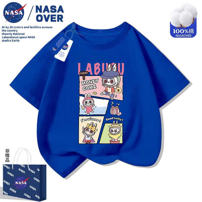 NASA Children's Labubu Summer New Short Sleeve Boys and Girls Versatile Crew Neck Cartoon T-Shirt