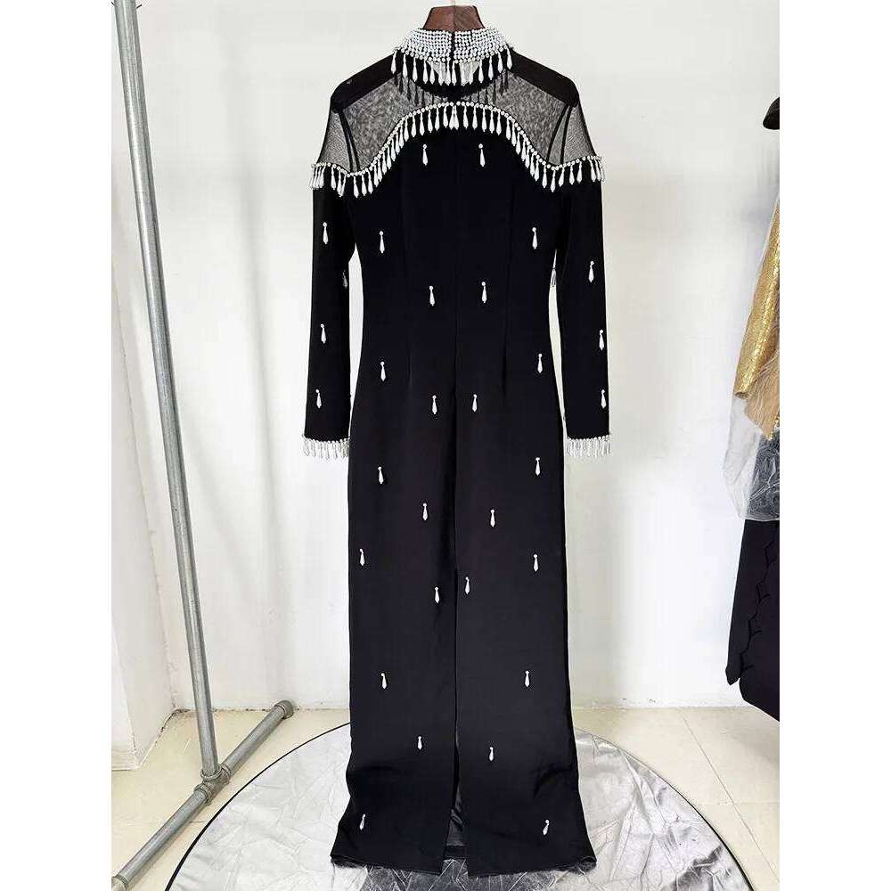 HIGH STREET Newest 2025 Designer Vestido Women's Spliced Mesh Dias Beaded Sleeved Floor Length Maxi Long Dress