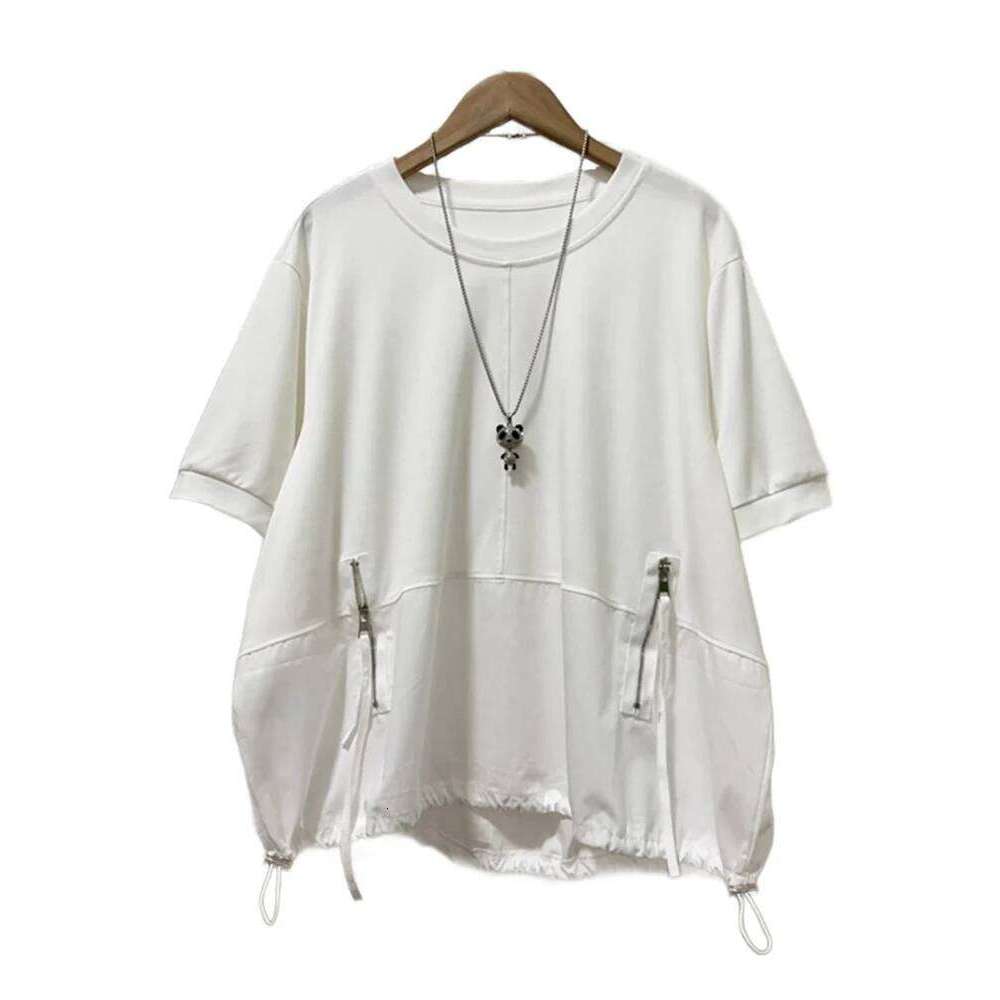 EAM Women Orange Spliced Big Size T-Shirt New Round Neck Short Sleeve Zipper Pockets Fashion Tide Spring Summer 2025 30A3550