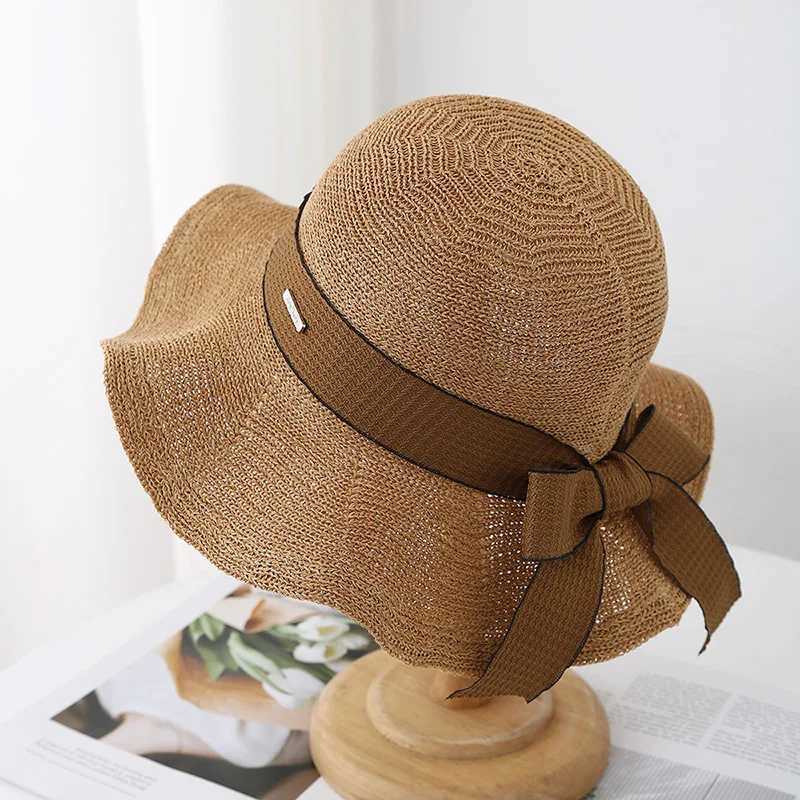 Womens Fisherman Hat With Bow Ribbon Metal Label Breathable Sun Protection Wide Brim Sun Hat For Outdoor Travel Korean Style M250616