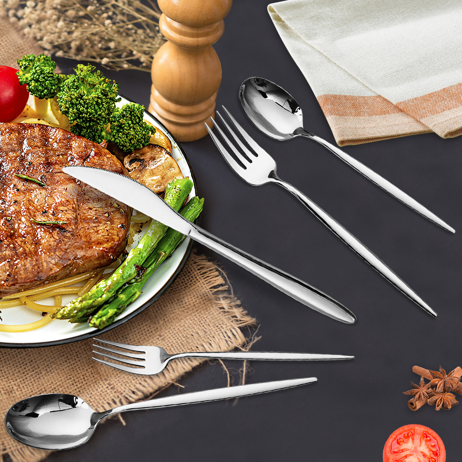 20Pcs Stainless Steel Flatware Set Service for 4, Dishwasher Safe Polished Silver Cutlery Set - Knives Forks Spoons(Ships from the U.S. with free ship