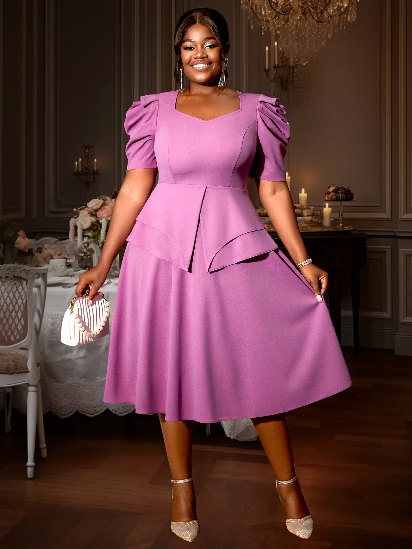 MID Purple Plus Size Dress For Woman A-line Elegant Short Sleeve Peplum Festival Party Church
