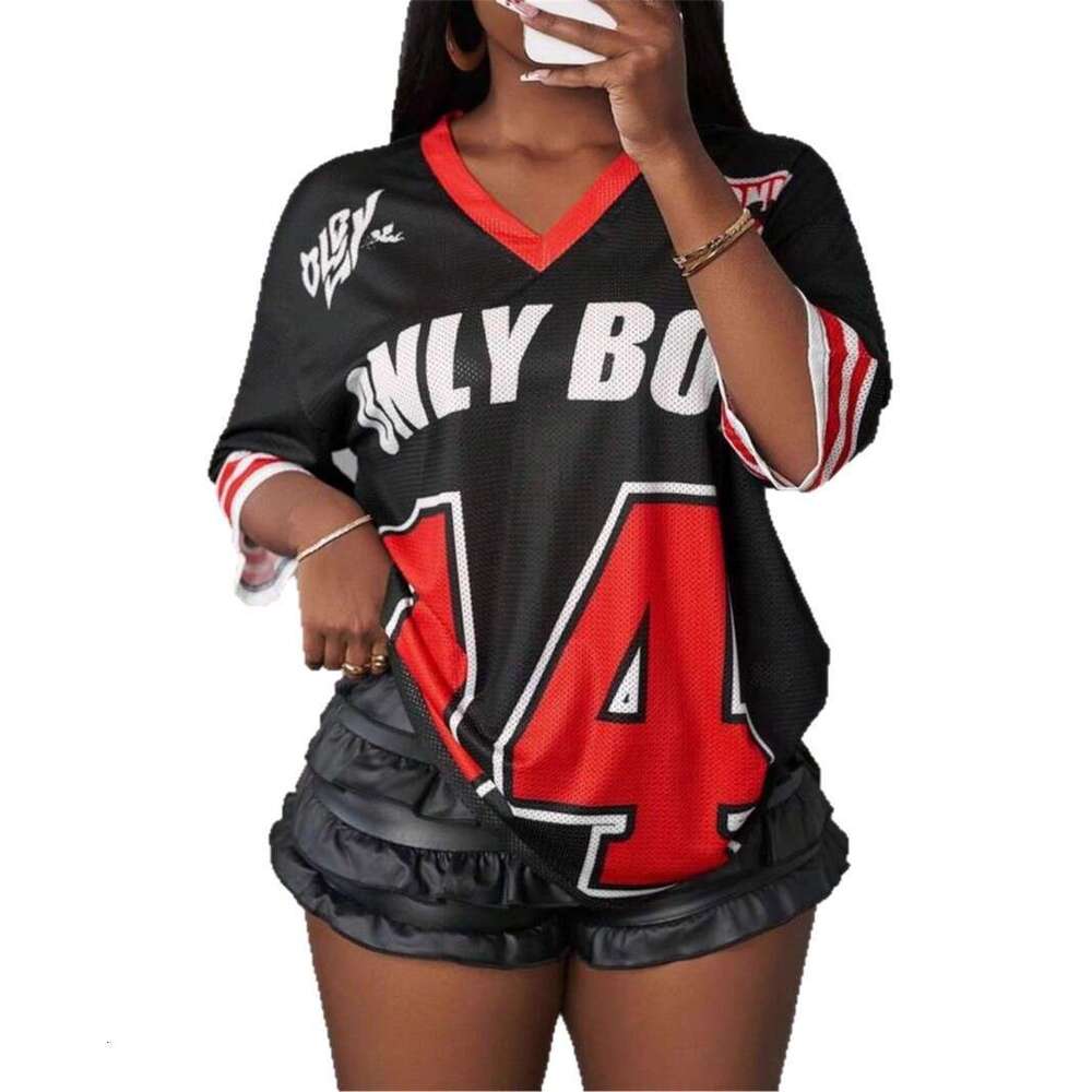 New American Style Loose Casual Sports Jersey Letter Print V-Neck Short Sleeve T-Shirt For Women B5