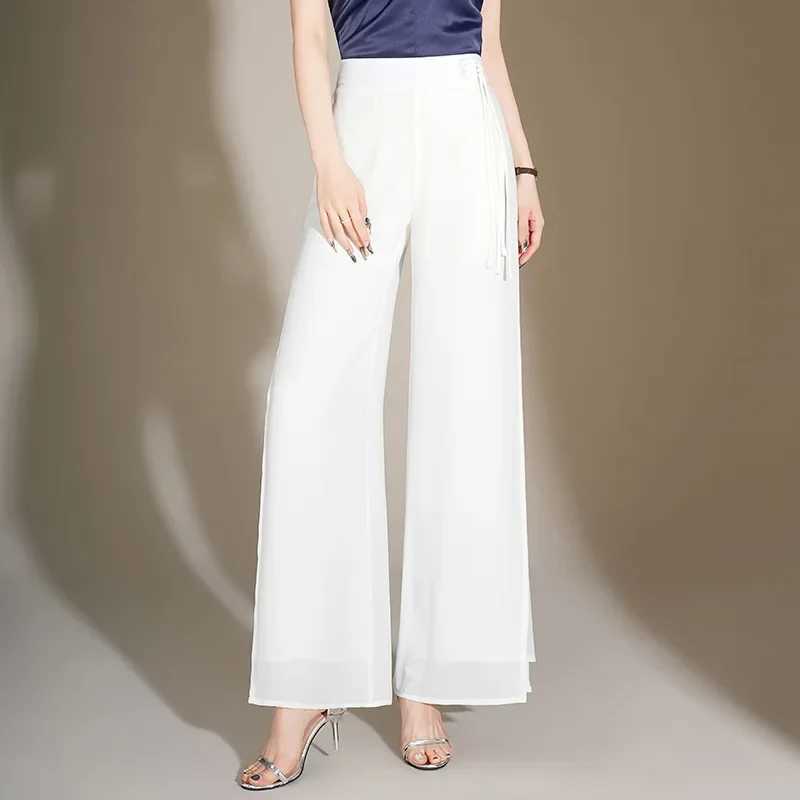 High Waist Wide Leg Straight Cut Summer New Thin Chiffon Split Casual Pants for Women Comfortable Loose Fit TrousersXJ250616