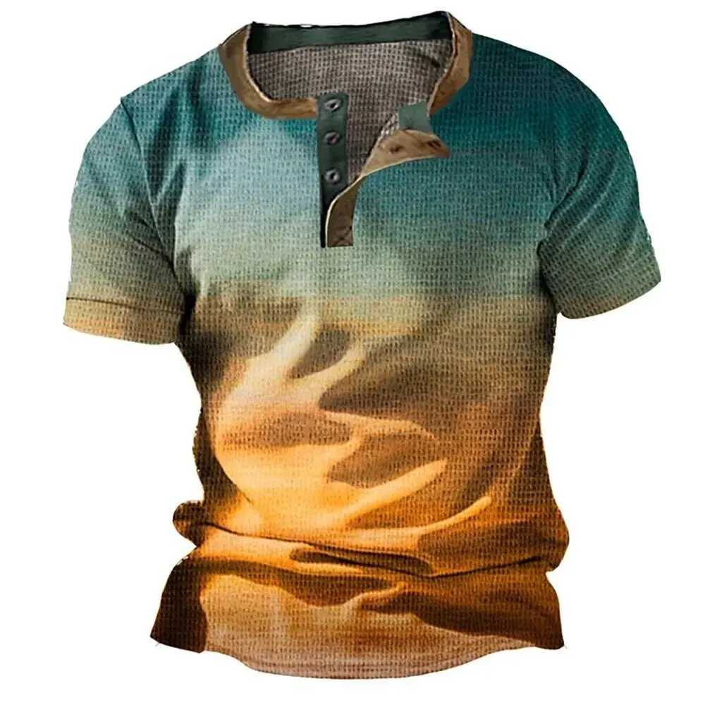 Fashion Henley Shirts 3D Color Splicing Print T-Shirts Casual Comfortable Loose Short Sleeve Tops Summer Street Vintage Clothes W250616
