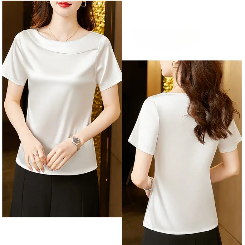 Satin Women Blouse T-shirt Skew Collar Blouses Summer Short Sleeve Womens Tops Solid Elegant Women Clothing OL Shirts for Women 250614