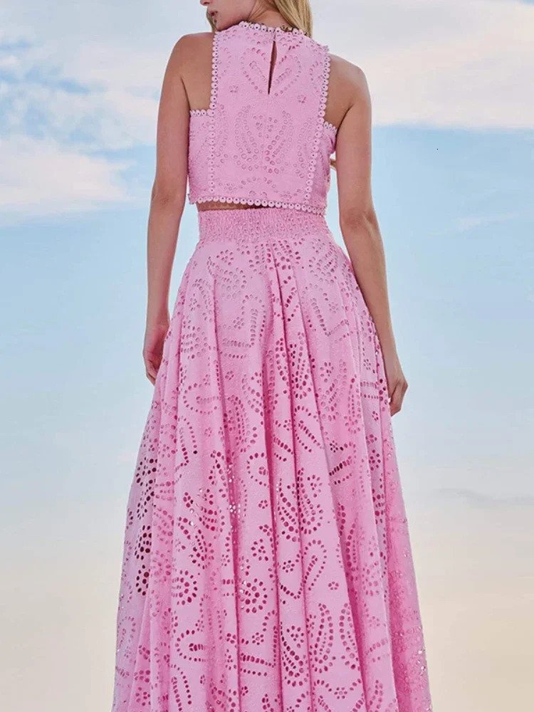 Fashion 2025 in Spring Summer Solid Color Round Neck Sleeveless Long Dress Set INS Leisure Resort Loose Twopiece 250609