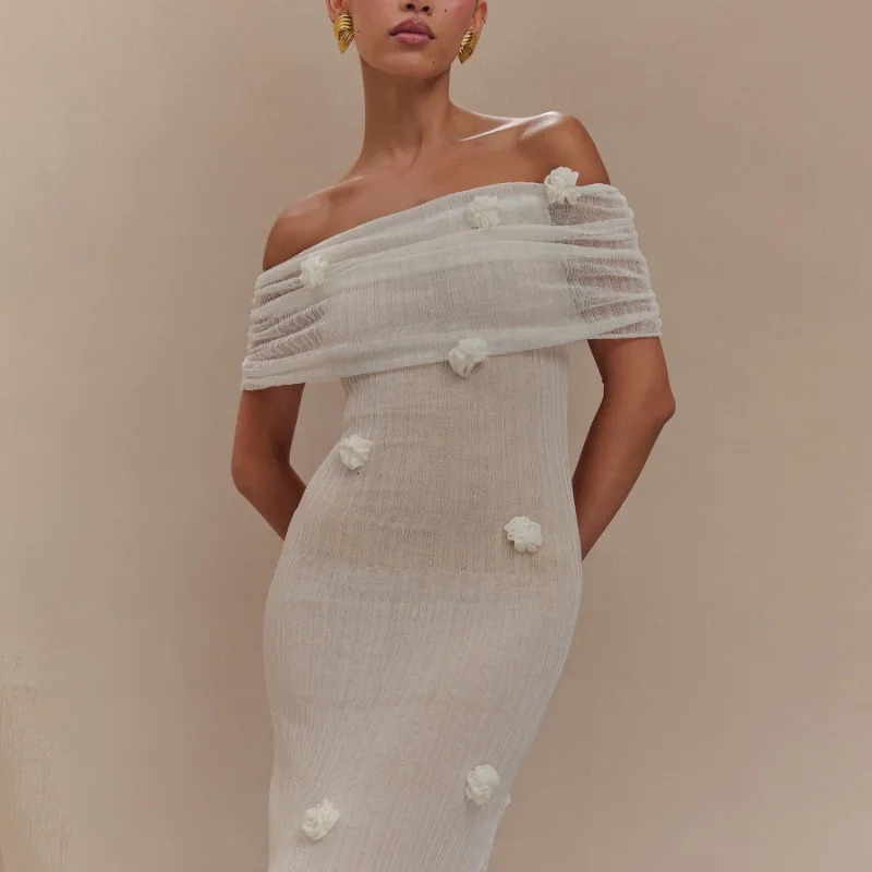 3D Flowers See Through Knitted Maxi Beach Dress Women Elegant Sexy Off Shoulder Bodycon Evening Party Long Robe Beach Cover Ups 250612