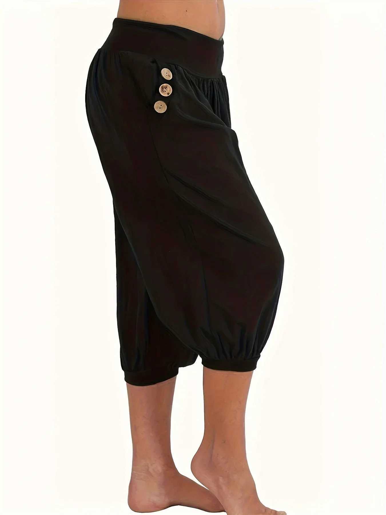 Womens Fashion Plus Size 1XL-5XL Solid Color Button Pocket Loose Capri Casual Loose Comfortable Bloomers XJ250616