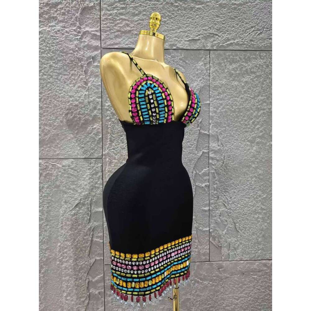 Black Color Women Sleeveless Sexy V-Neck Bodycon Mini Bandage Colorful Crystal Celebrate Nightclub Party Red Carpet Dress