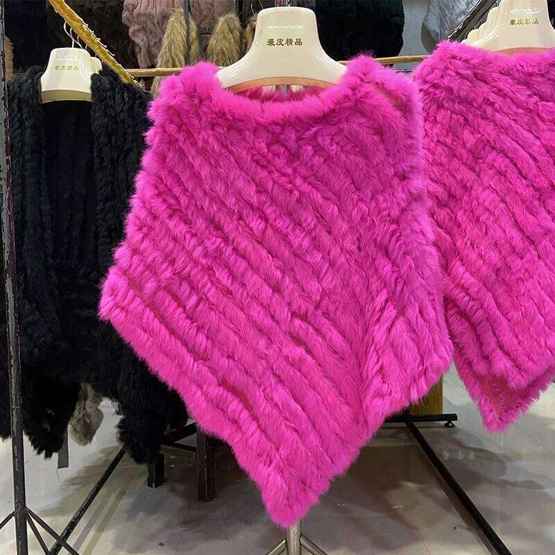 Hot Sale Autumn Knitted Natural Black Ponch Shawl Genuine Rabbit Wedding Party Real Fur Cape