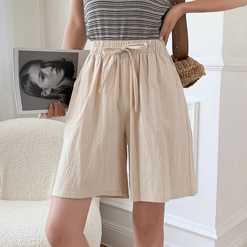 Womens Korean Cotton Linen Casual Shorts Summer Fashion Solid Elastic Waist Fifth Pants Comfortable Breathable Bikers Shorts 250614