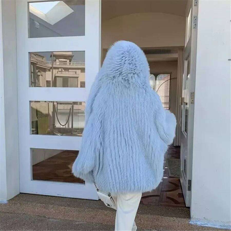 Blue Winter Warm Faux Fur Coat Women Bat Sleeve Thick Plush Fluffy Jacket Ladies Lazy Loose Hooded Outwear Clothing 2023