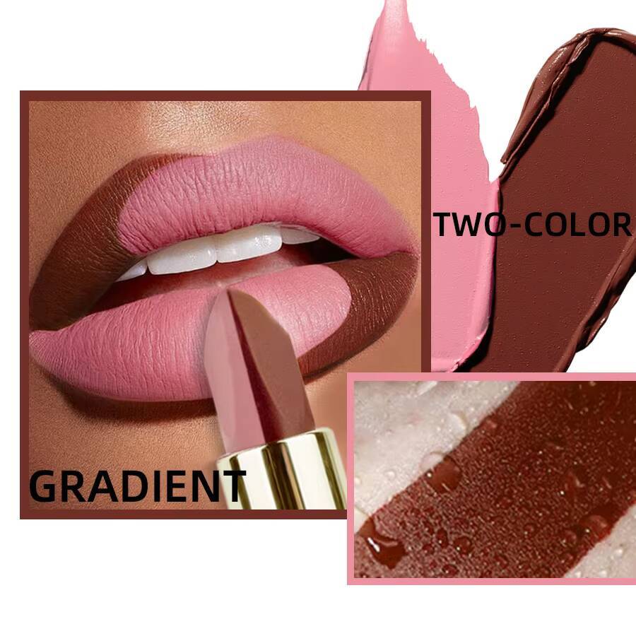 1pc Two-tone Matte Pink Waterproof lip Makeup easy to use Lipstick Refill Tint,Long Lasting Lip Senior Cosmetic Gif happy