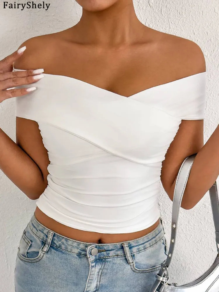 Fairyshely Sexy Summer Cross Slash Neck Top 2025 Women Solid Bandeau Bodycon Tops Lady Sleeveless Off Shoulder Clud Clothes 250614