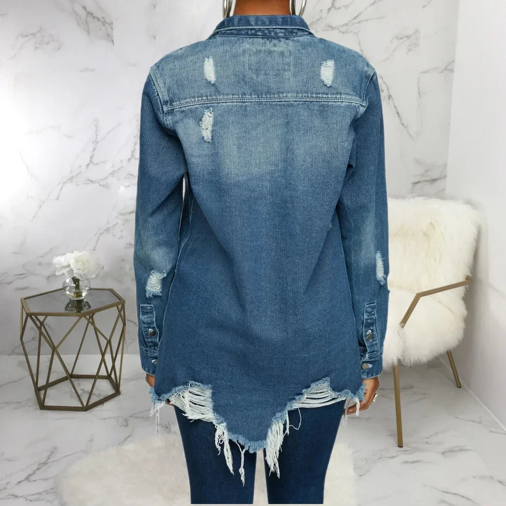 Women Jeans Jackets Spring Summer Ripped Denim Vintage Casual Denim Jacket Long Sleeve Female Chic Coat Streetwear 250614
