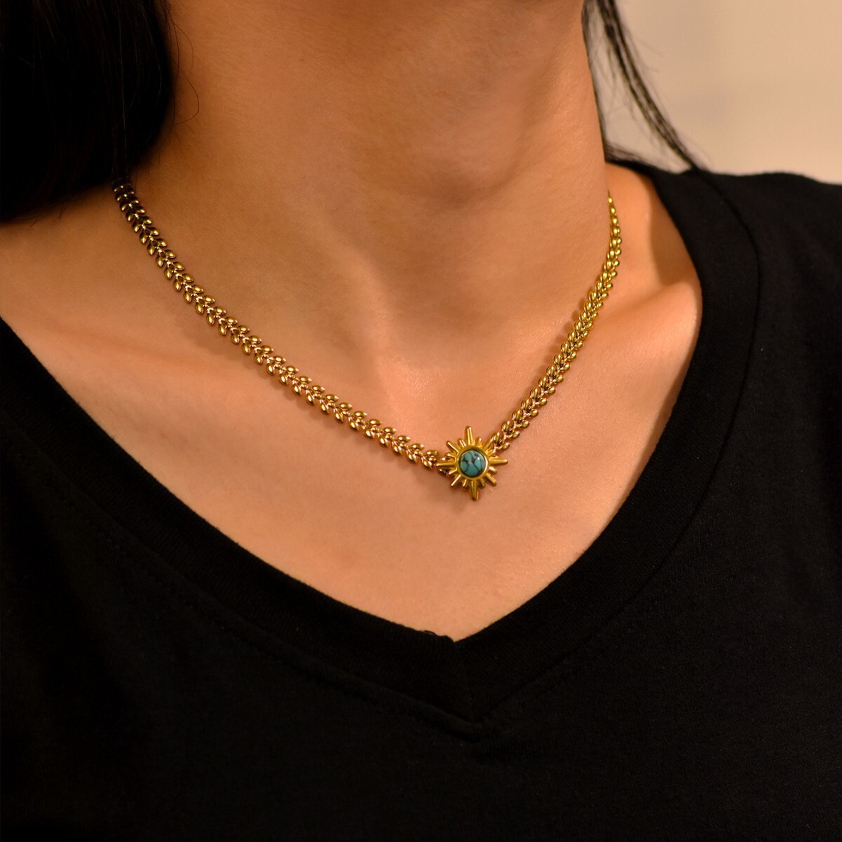 Fashion Style Personality Exaggerated Turquoise Sun Wheat Spike Necklace for Women Design Titanium Steel Non-Fading Jewelry