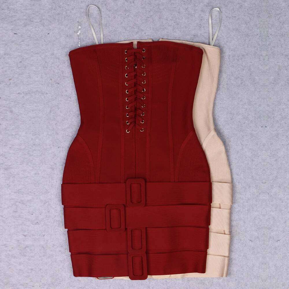 Sexy Mini High Waist Short Women Summer Strapless Lace Up Bodycon Bandage Wine Red Beige Festival Party Dresses