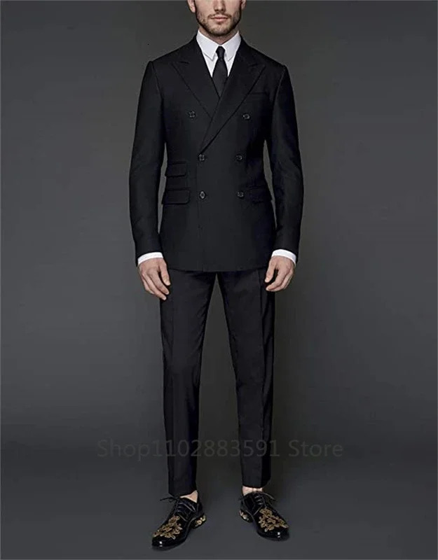 Fashion Lapel Black Men 2 Pieces Wedding Prom Dress Suits Double Breasted Slits Groom Party Tuxedo Set 250613
