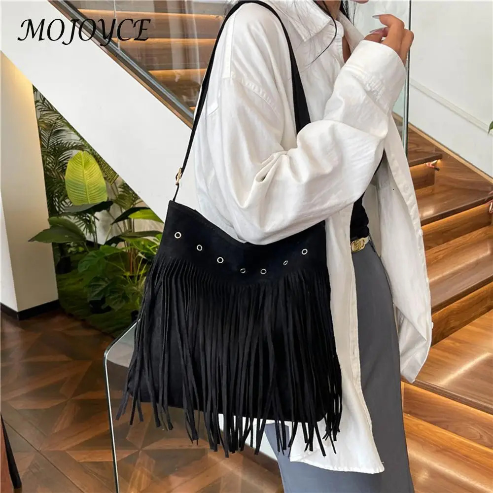Women Retro Crossbody Bag Large Capacity Suede Leather Fringe Satchel Bag Adjustable Strap Tassel Sling Bag Western Cowgirl Bag 250614