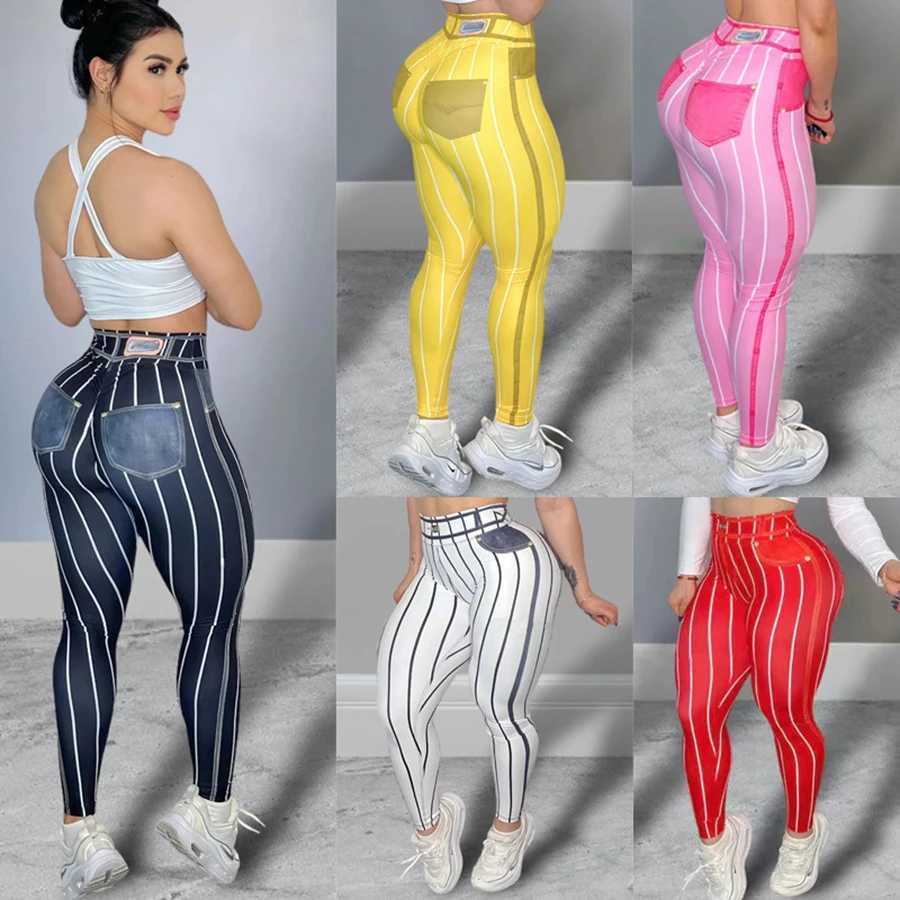 Women High Waist Sports Leggings Stripe Print Stretchable Yoga Pants Sexy Tight Fitness Workout Gym Push Up Causal PantXJ250616